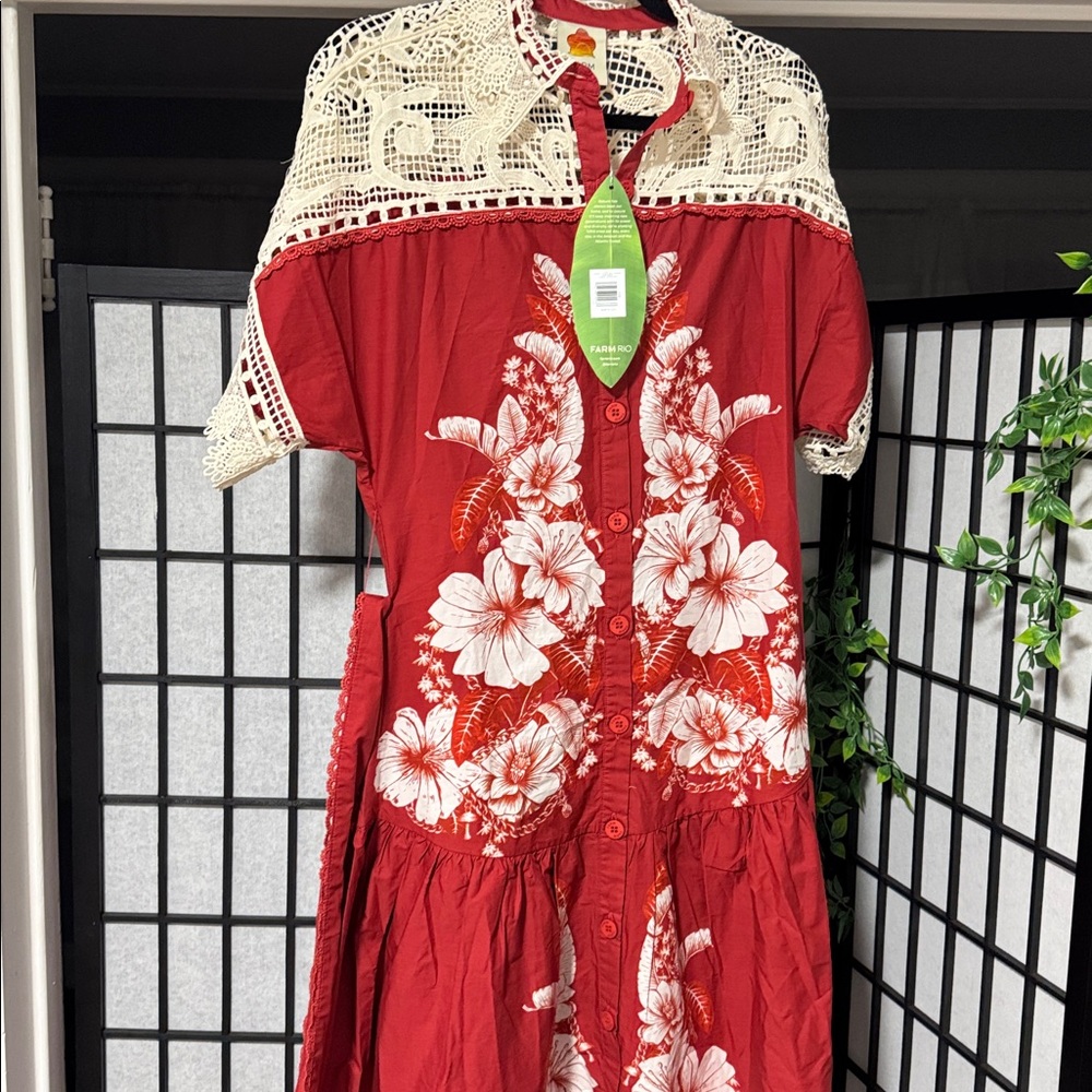 Farm Rio XXS Red Floral Chains Guipure Midi Dress - Picture 12 of 12